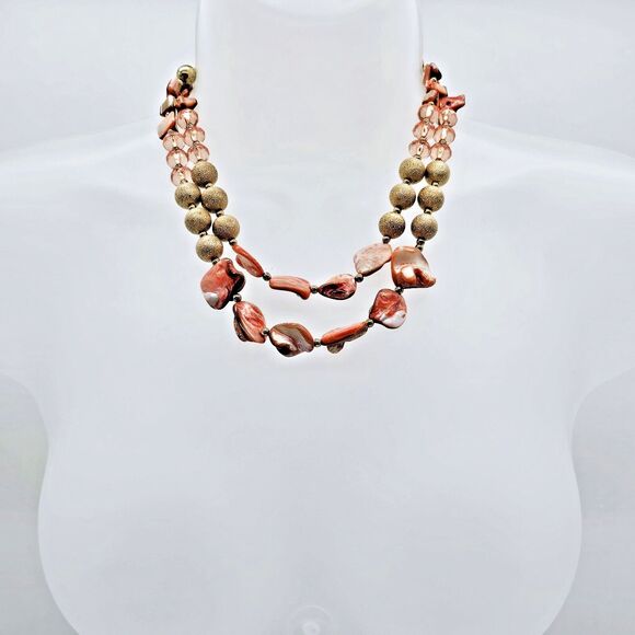 Mother Of Pearl Necklace Coral Double Strand Gold Tone Colorful Statement - Picture 2 of 9
